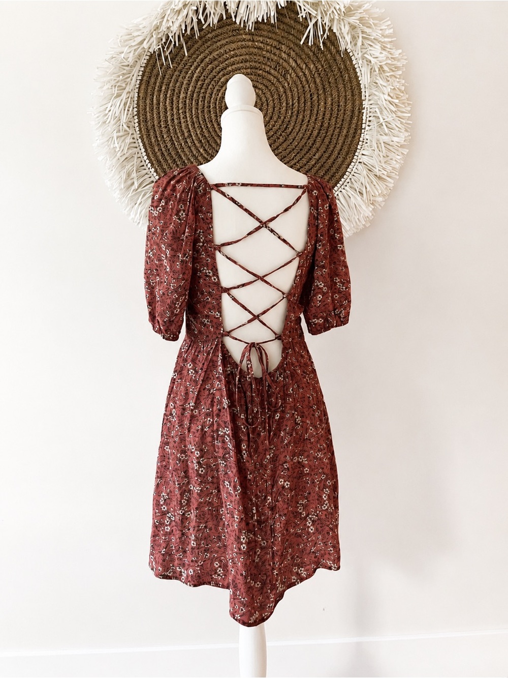 Whimsy + Row Floral Lace-Up Back Mini Dress